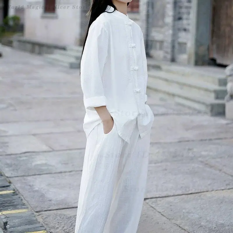 New Chinese Style Cotton Linen Top, Retro Frog Buttons Tea Shirt, Meditation Zen Clothing, Women Tai Chi Practice Outfit Set