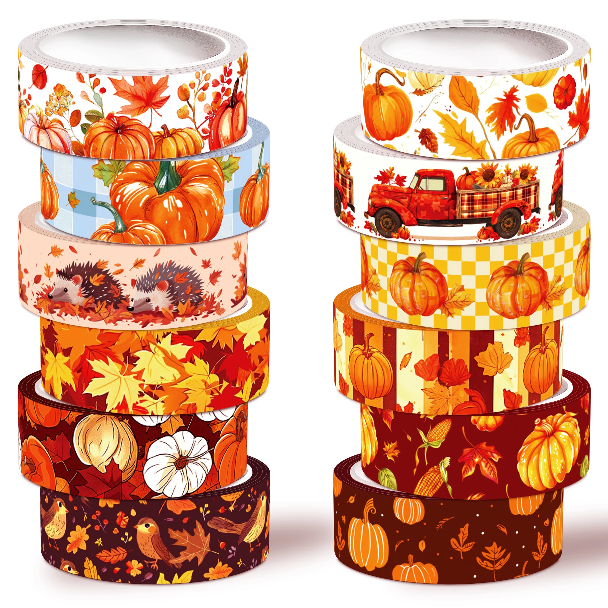 

NIKOMIE Washi Tape Set, 12 Rolls Fall Pumpkin Maple Leaves Decorative Tape Autumn Grid Dots Thanksgiving Masking Tape