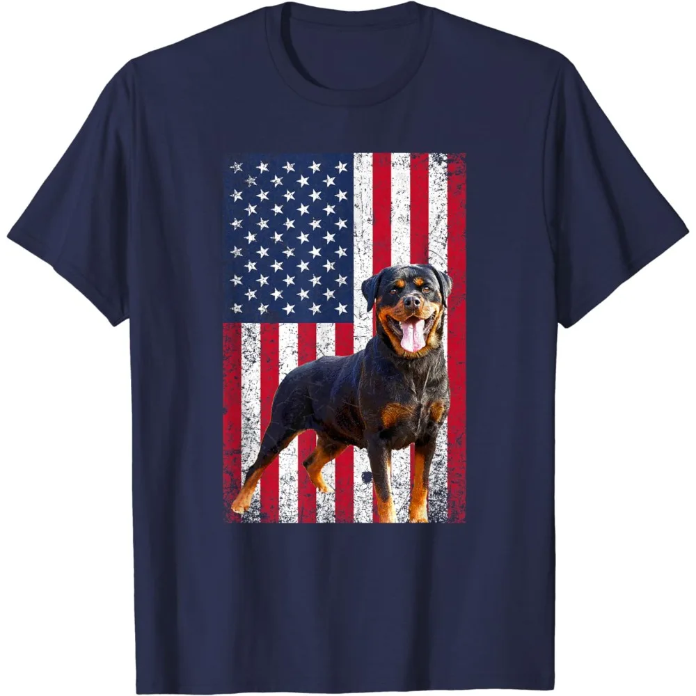 American Flag Rottweiler Enthusiast Men's Cotton T-shirt Fun Fourth of July Patriotic Dog Print T-shirt