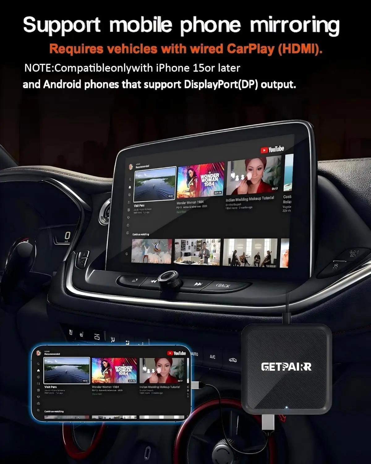 Adaptador CarPlay/Android Auto e HDMI sem fio 4 em 1 para iPhone/Android, espelhamento de tela Fire TV Stick