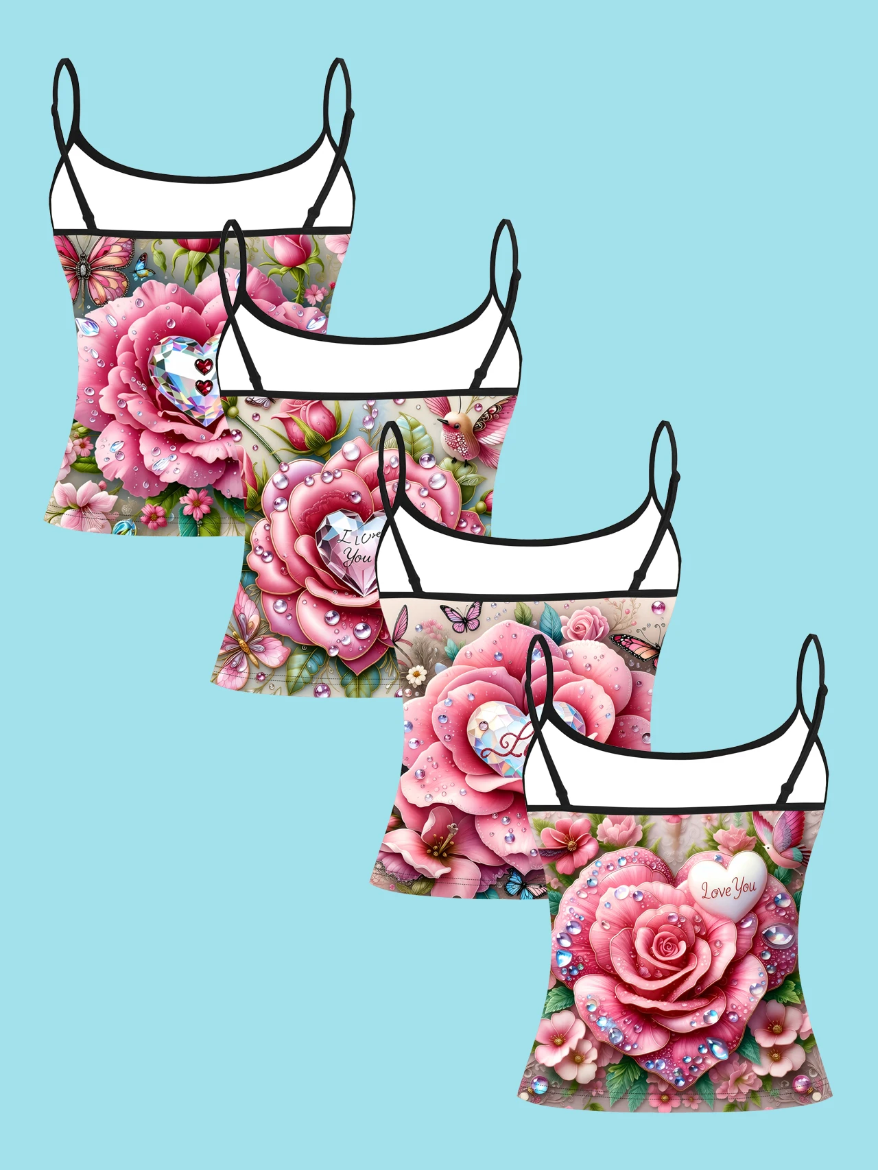 4-Piece Set of Women's Spaghetti Strap Camisoles with 3D Pink Rose, Water Drop, Crystal, Heart, and Butterfly Prints, Slim-Fit Sleeveless Tops, Sweet and Romantic Style, Suitable for Outerwear or as a Base Layer