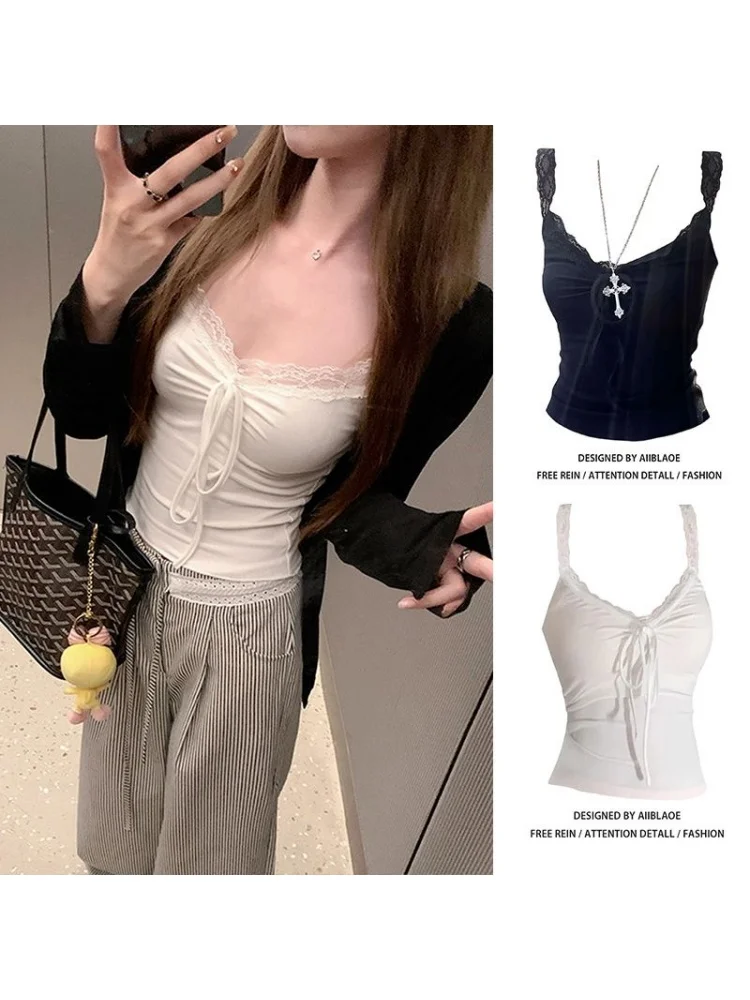 Pure Cotton 95 Short Strap Vest Women's Outerwear Lace Base Layer Inner Wear Sexy Short Top Summer Season  Color