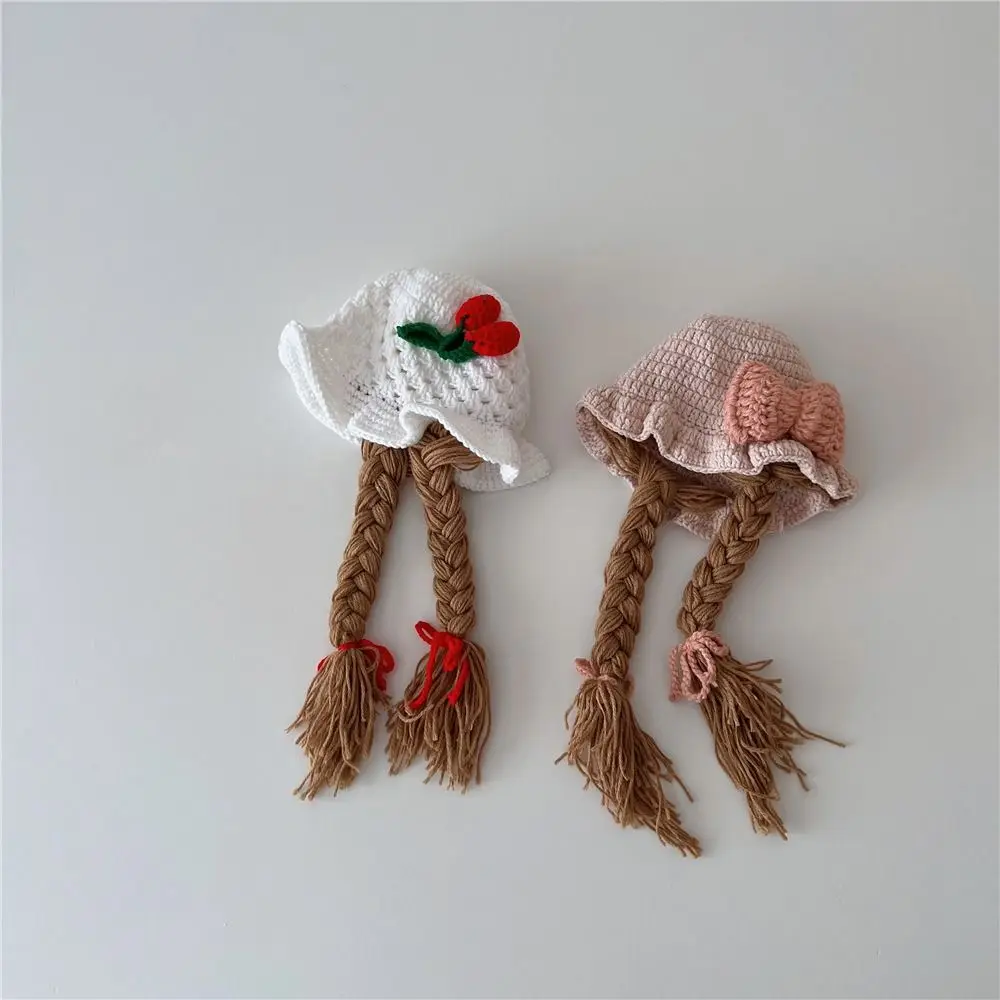 

Cute Cartoon Wig Knitted Hat Cherry Bow Baby Beanie Cap Wool Crochet Warm Hats Winter