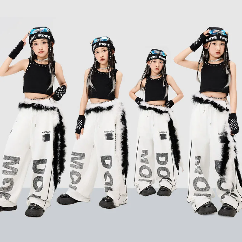 

Kid Kpop Hip Hop Clothing Black Rivet Crop Tank Top White Casual Wide Leg Letter Sweat Pants for Girl Jazz Dance Costume Clothes