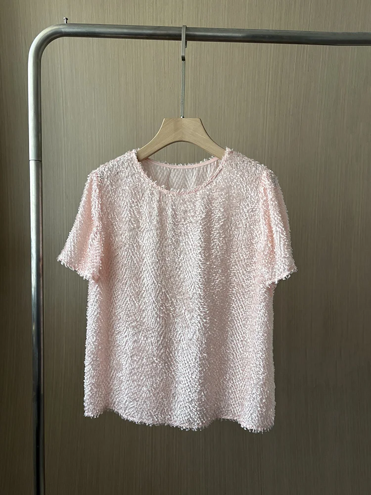 

Silk T-irt round Ne ort Sve Women's Top Floral Cutout Spring Summer New Arrival Commute Sle Regular Length Silk 00%