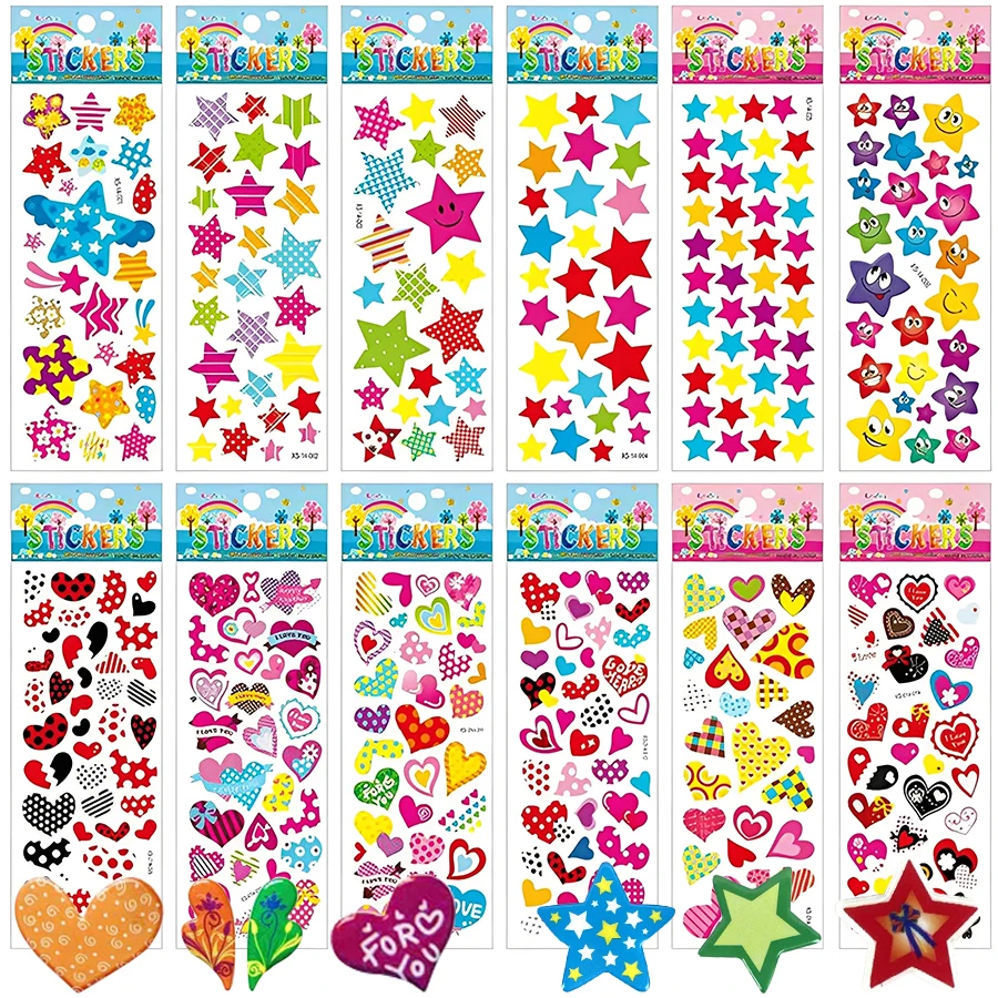6-24pcs Heart&Star Bubble Stickers Cartoon Creative Self-adhesive Graffiti Stickers for Laptop Luggage Student Reward Stickers ﻿