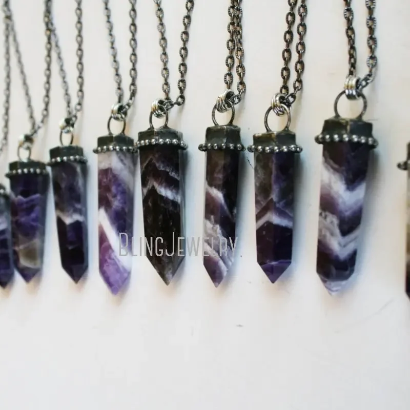 NM44214 Chevron Amethyst Polished Point Crystal Tower Necklace Purple Obelisk Talisman Wicca Witch Goth Halloween Jewelry Arcane