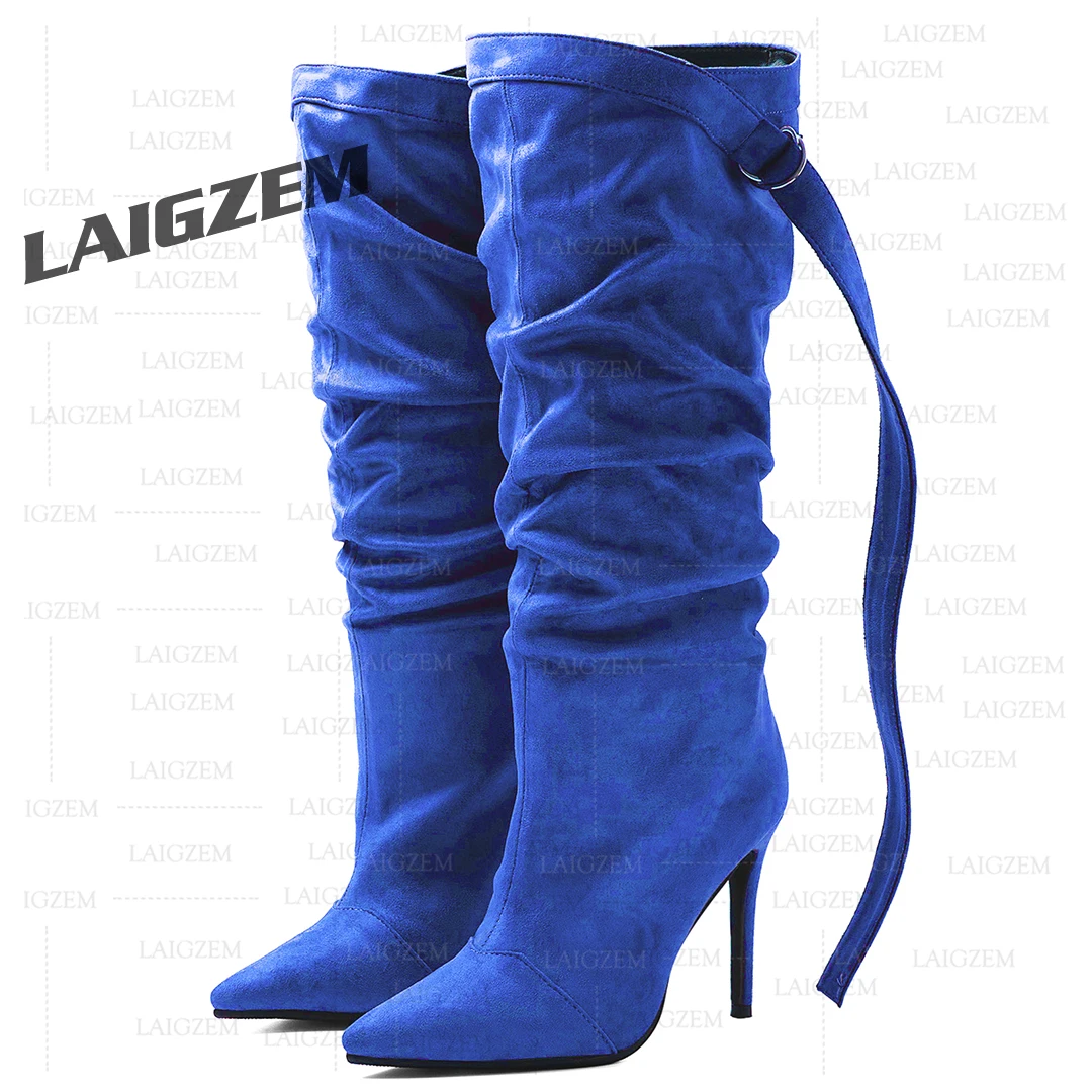 LAIGZEM Women Knee High Boots Pull On Pleated Pointed Toe Thin High Heels  Boots Handmade Shoes Woman Large Size 39 42 44 47