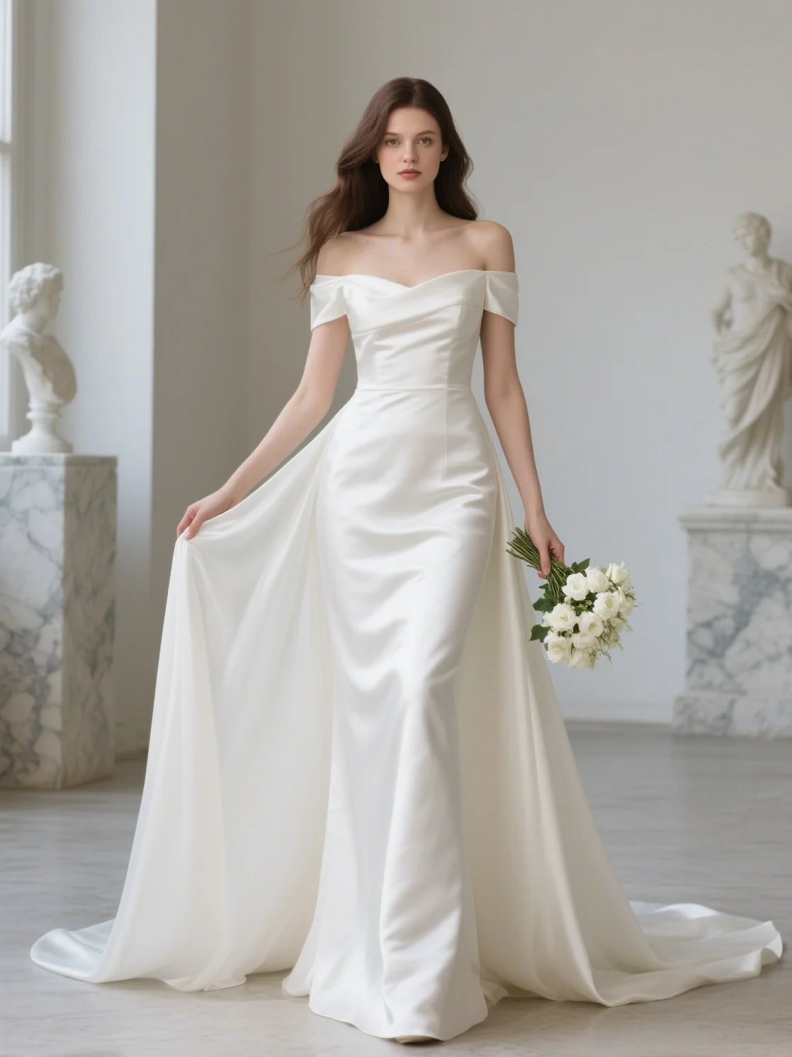 エレガントでモダンなマーメイドフォーマルウェディングドレス、オフショルダーラッフル、コートトレーン、キャップスリーブ、サテンブライダルガウン2025、無料カスタマイズ