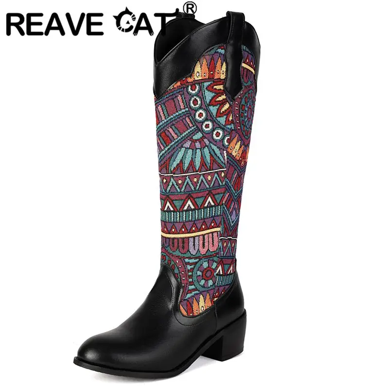 

REAVE CAT 2025 Женские ботинки в стиле ретро с круглым носком на массивном каблуке 5 см, слипоны с вышивкой, разноцветные, большие размеры 44 45 46 Сапоги до колена