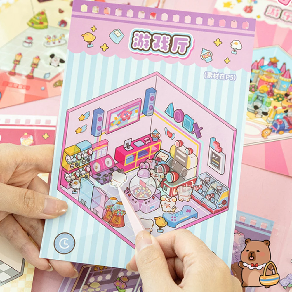 10in1 Cartoon Landscape Sticker Book Cabin 2D Scene DIY Sticker Collection Festival Birthday Gift Present for Kid Child