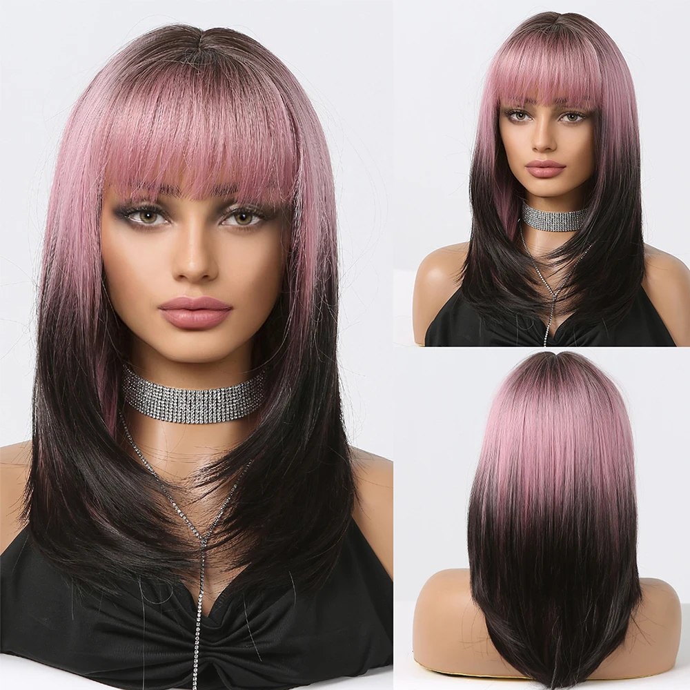 

Синтетические парики Black Pink для косплея, длинные прямые многослойные парики с челкой для женщин, термостойкие, искусственные волосы