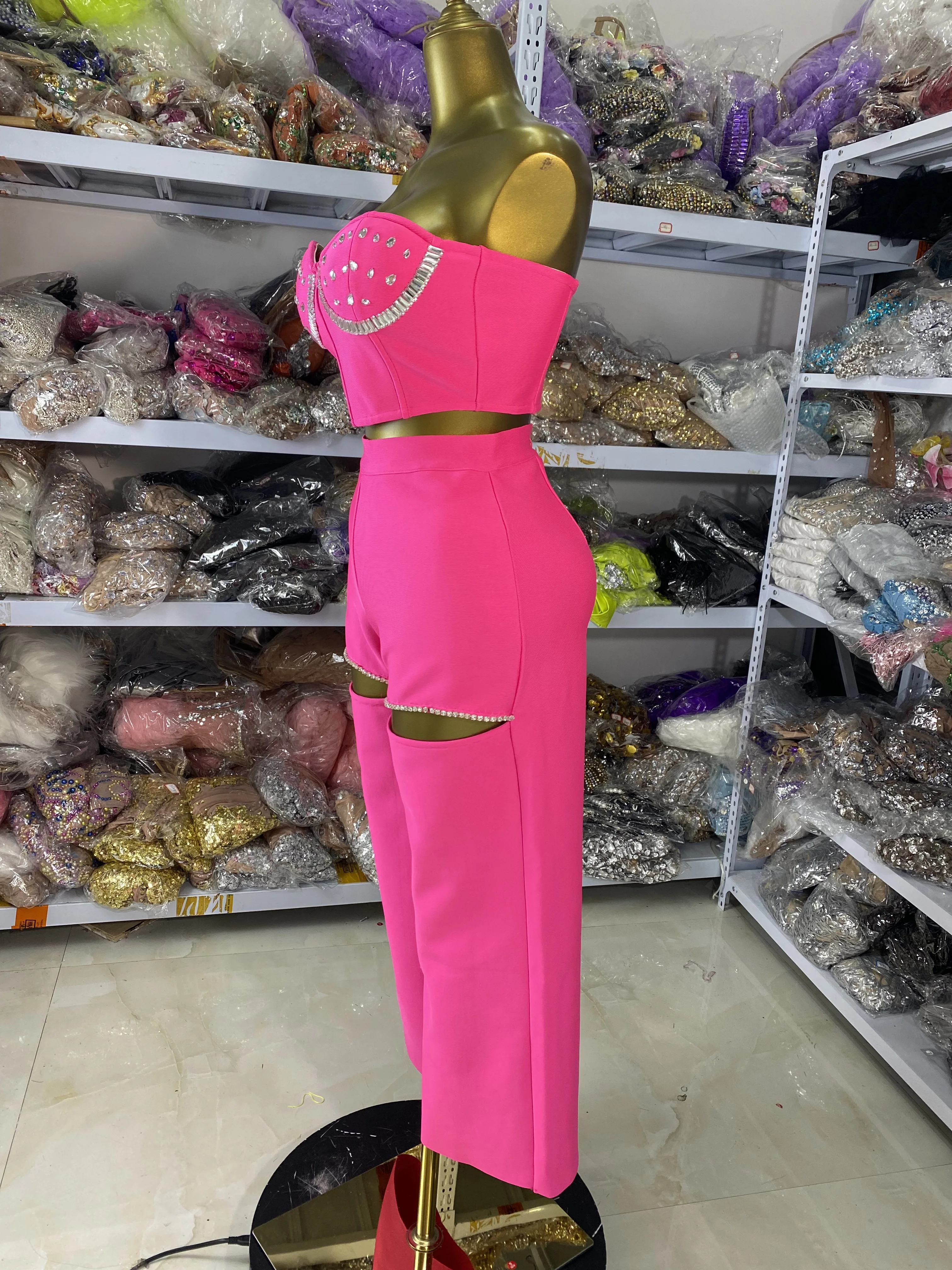 Fábrica atacado feminino hotpink bandage outfits tubo de cristal superior e calças casuais de malha duas peças define festa do clube à noite