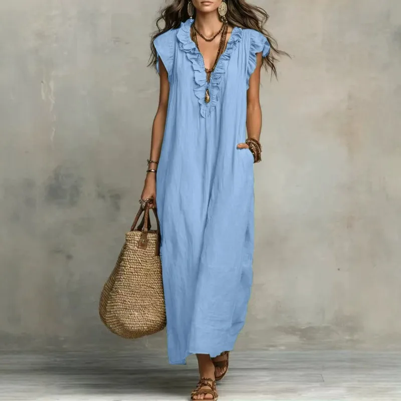 Boho-Stil Damen Sommerkleid Locker Sitzend Urlaubskleid Langer Rock Flügelärmel Hohe Taille Leinenstoff Lässige Strandkleidung V-Ausschnitt Kleid