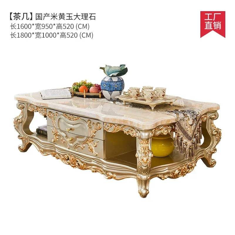 

yj9European style full solid wood carving flower coffee table luxury villa with drawer storage marble tea table