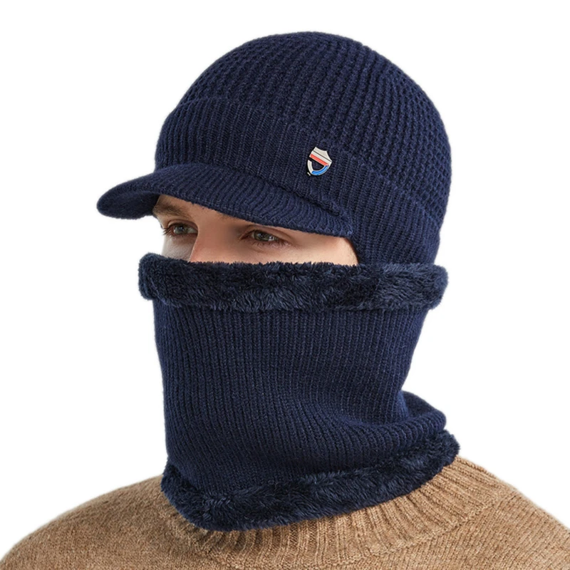 2 pçs conjunto viseira earflap gorro chapéu com cachecol malha forrado de pelúcia mais quente masculino inverno proteção de orelha frio e quente chapéu de malha