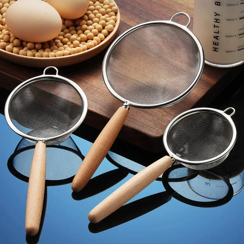 Stainless Steel Wire Fine Mesh Oil Strainers Wooden Handle Spoon Flour Colander Sieve Sifter Filter Baking Kitchen Accessories