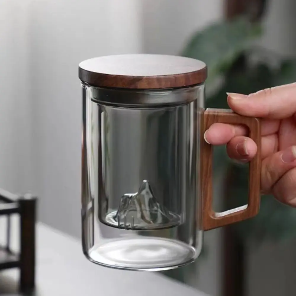 

500ml Capacity Tea Separation Cup Heat Resistant Wooden Lid Water Cup High Borosilicate Glass Originality Design Glass Tea Cup