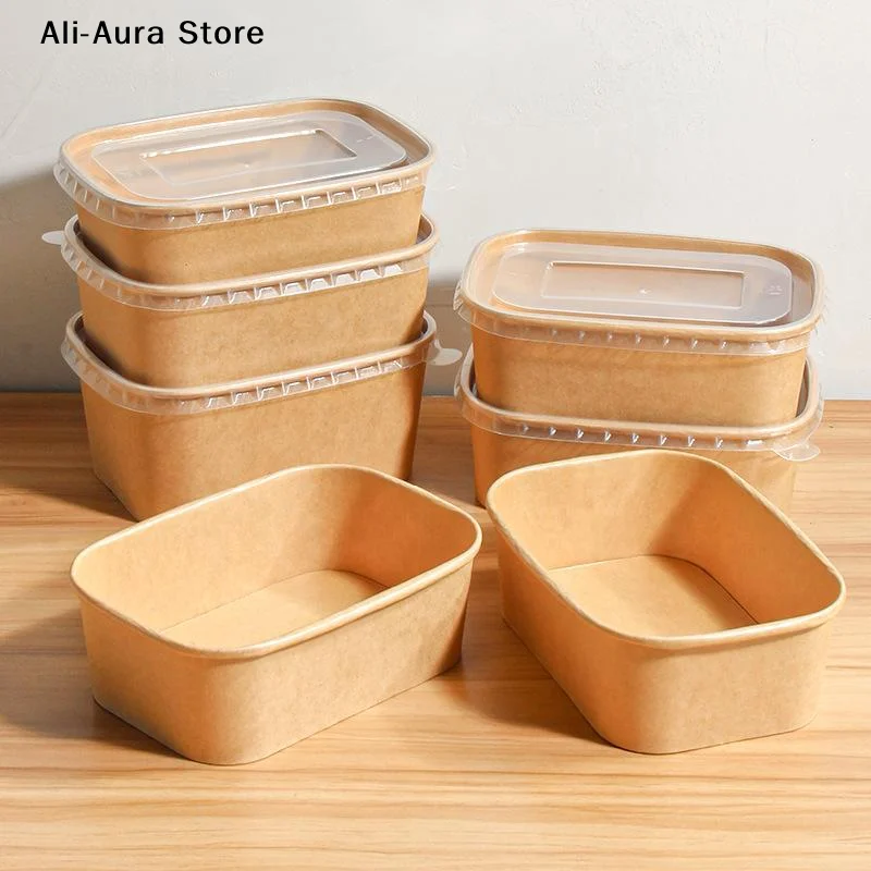 10PCS/Set Disposable Lunch Box Kraft Paper Square Lunch Box Fast Food Packing Boxes Paper Bowls With Lid Household Bento Boxes