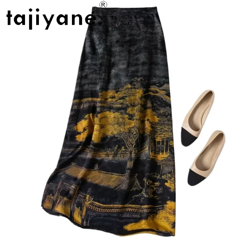 

TAJIYANE 100% Mulberry Silk Maxi Skirt Women Elegant Chinese Style Jacquard Skirts Slit Xiangyun Sha Skirt 2026 Summer Clothes 봄
