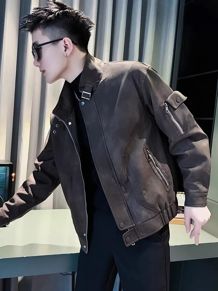 

Men's Spring Autumn Stand Collar Workwear Leather Jaet Casual ort Sle Zipper Closure Loose Fit Youth ular Faion