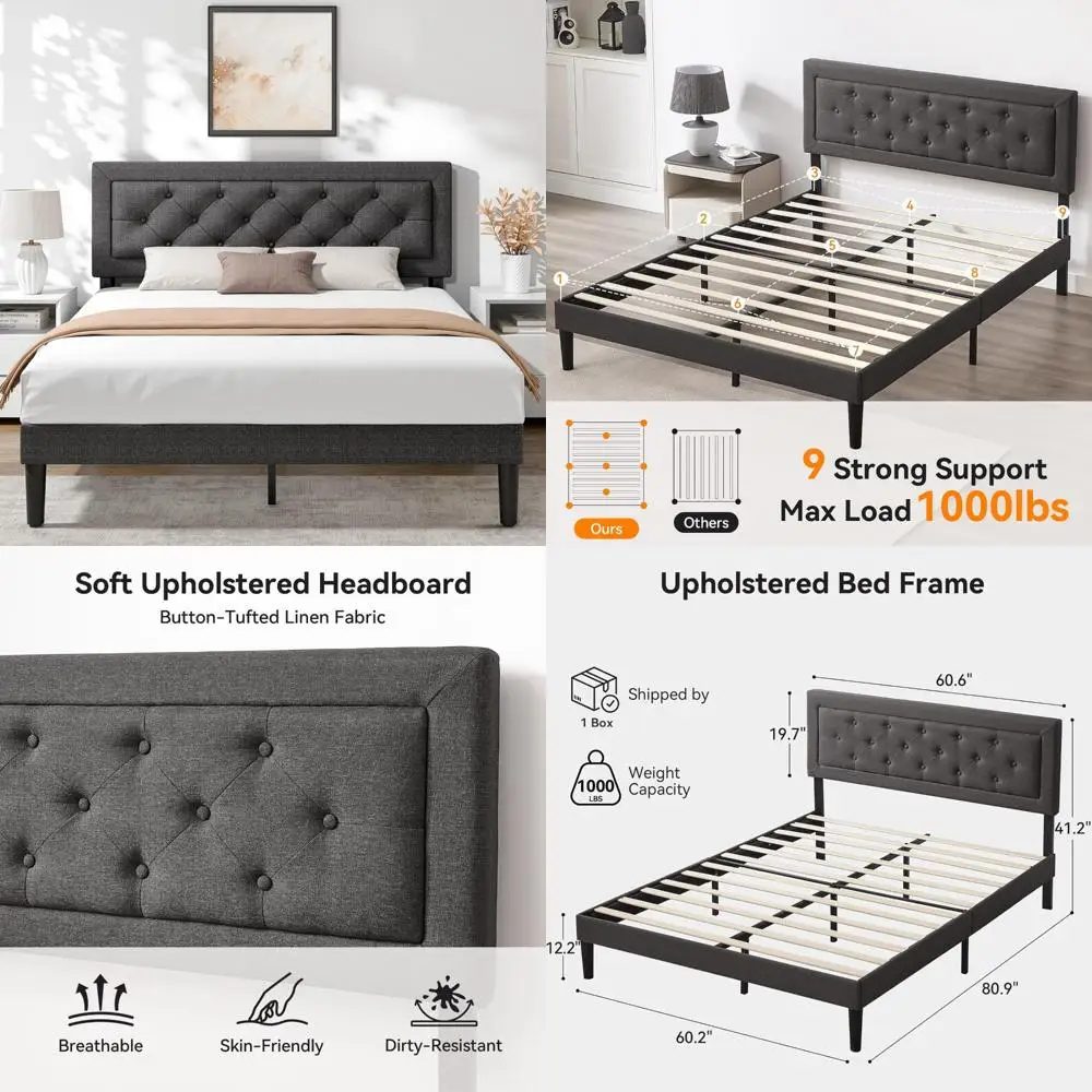 โครงเตียงหุ้มเบาะขนาดควีนไซส์พร้อมแผ่นไม้รองรับและหัวเตียง