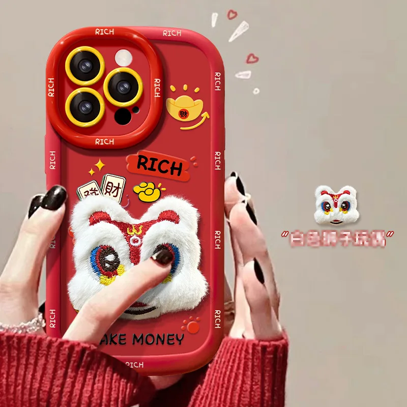 مناسبة لهاتف آيفون 15 برو ماكس آيفون 14 لعبة رقص الأسد القطيفة 13 احتفال السنة الجديدة 12 سيليكون ناعم