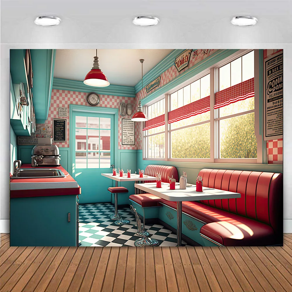50s American Diner Backdrop Vintage 1950s Cafe Fast Food Soda Shop Restaurant Club Bar Dining Background Birthday Party Decor