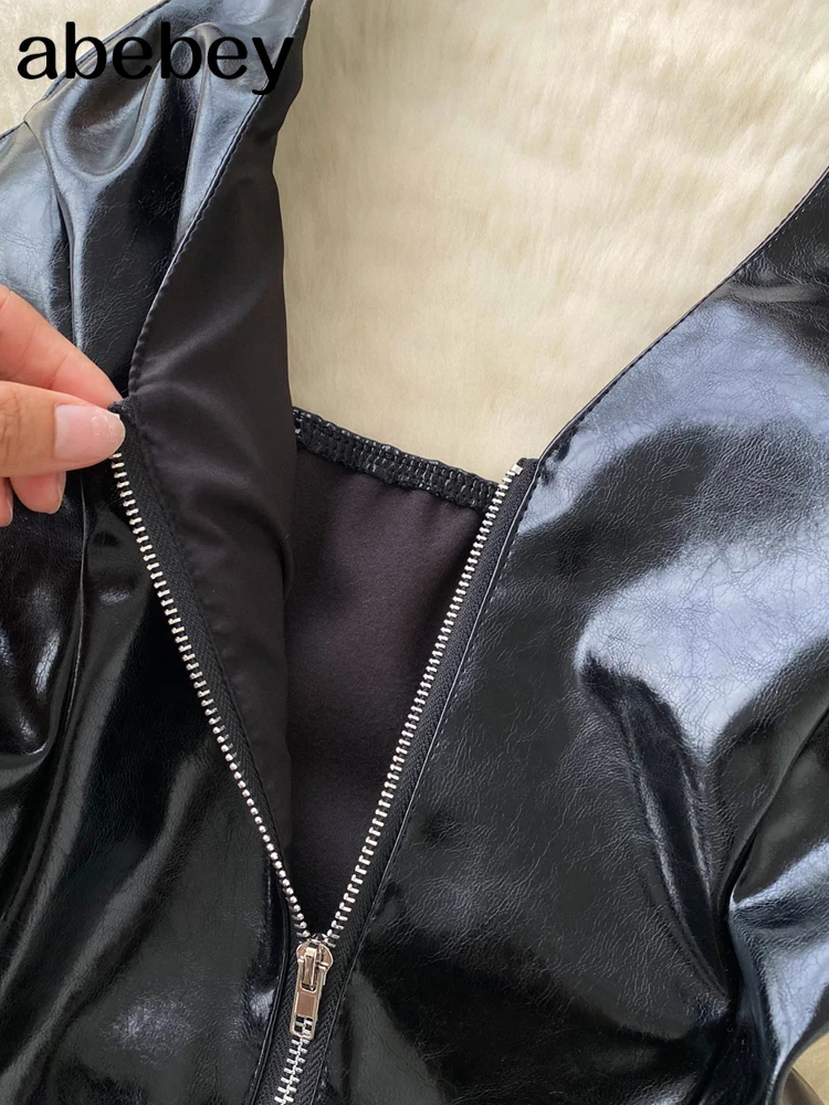 Women Aesthetic Leather Vest Crop Halter Deep V-Neck Tops Summer Solid Color Metal Buckle Backless Sleeveless Shirts