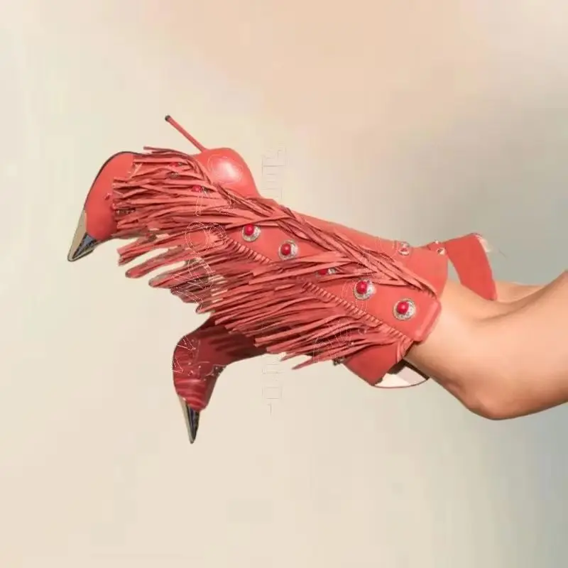 

Metal Jewel Button Red Pointed Toe Boots Side Zipper Women Shoes Thin High Heels Fashion Party Banquet 2026 Zapatos Para Mujere