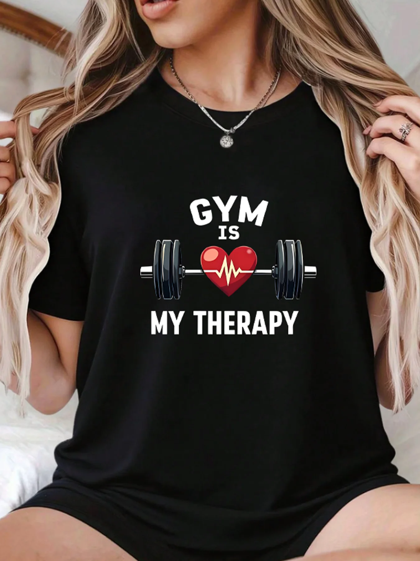 

Dumbbell heart Plus size women's round neck short sleeve T-shirt with elastic half sleeves and trendy prints