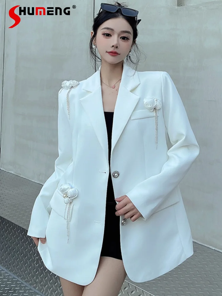 Damen 2025, einfarbig, lockere Anzugjacken, elegant, leicht, luxuriös, hochwertige, maßgeschneiderte Mäntel, dreidimensionale Blumen-Perlen-Blazer