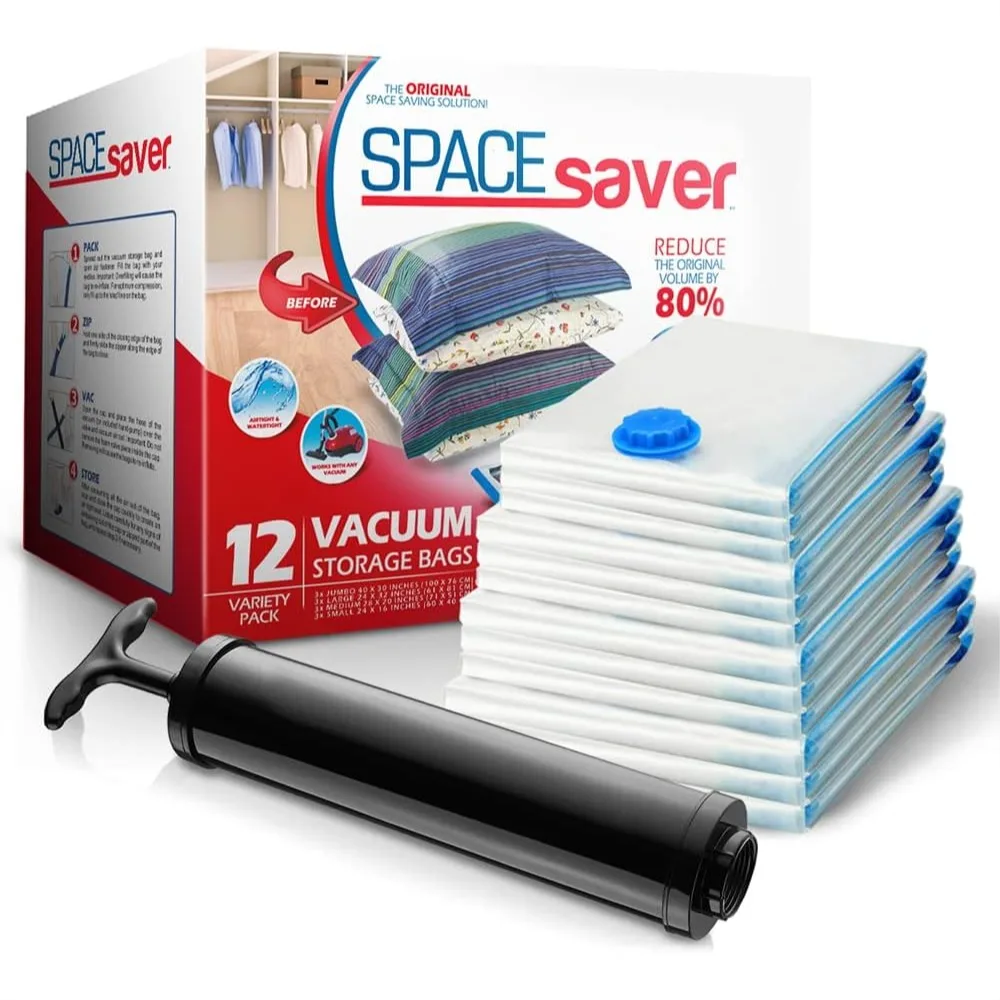 

Vacuum Storage Bags for Comforters, Blankets & Clothes - Sealed Compression with Hand Pump - 12 Pack for Travel & Organization