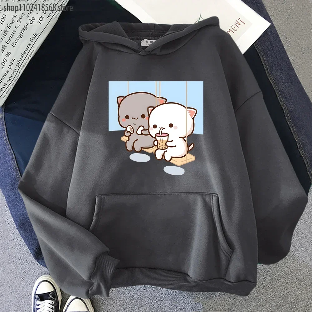 Cute Peach Cat Cartoon Hoodies Bubble Tea Sweatshirt Mujer Camisetas Black Top Winter Kawaii Graphic Long Sleeve Women Clothing