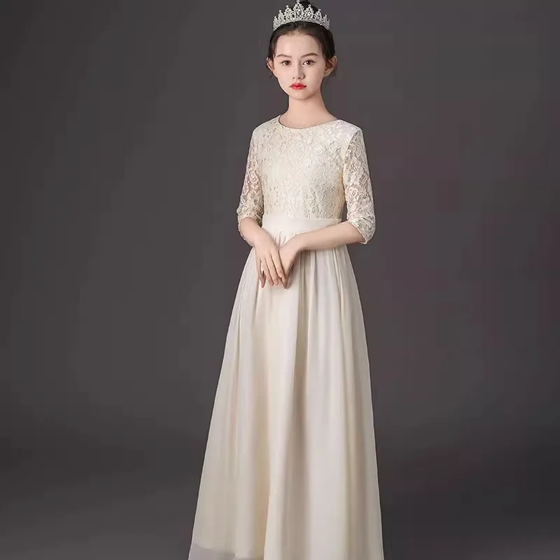 Girls' Formal Dress 2026 Spring New Style Round-neck Mid-length Sleeves Simple Solid-color Simple Children's Princess Dress