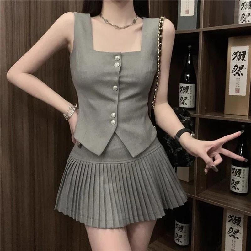 

High Quality Korean Elegant Fashion OL 2 Piece Sets Women Outfit Casual Vest Tops + Pleated Skirt Set Sweet Two Piece Suits