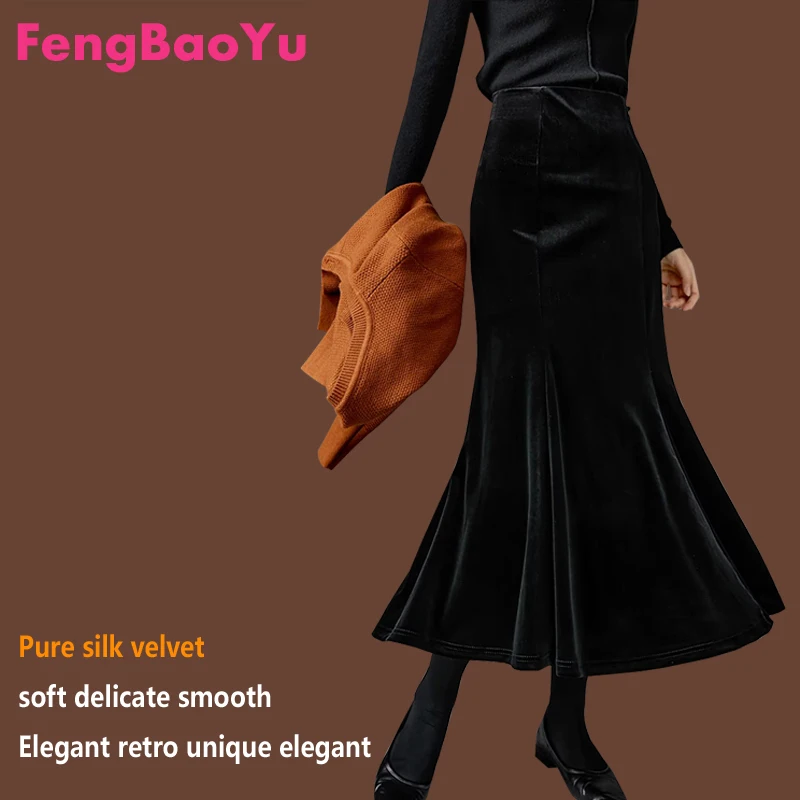 

Silk Velvet Women's Half-length Simple Fashionable Dress with Elegant Fish-tail Style, Suitable for Both Business Casual Wear.