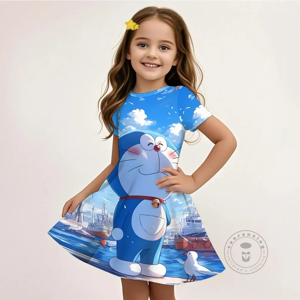 

Girls New Doraemon Kawaii Dress 3D Printed Short Sleeve Round Neck Summer Casual Fitted Dress Children 3-14 Years