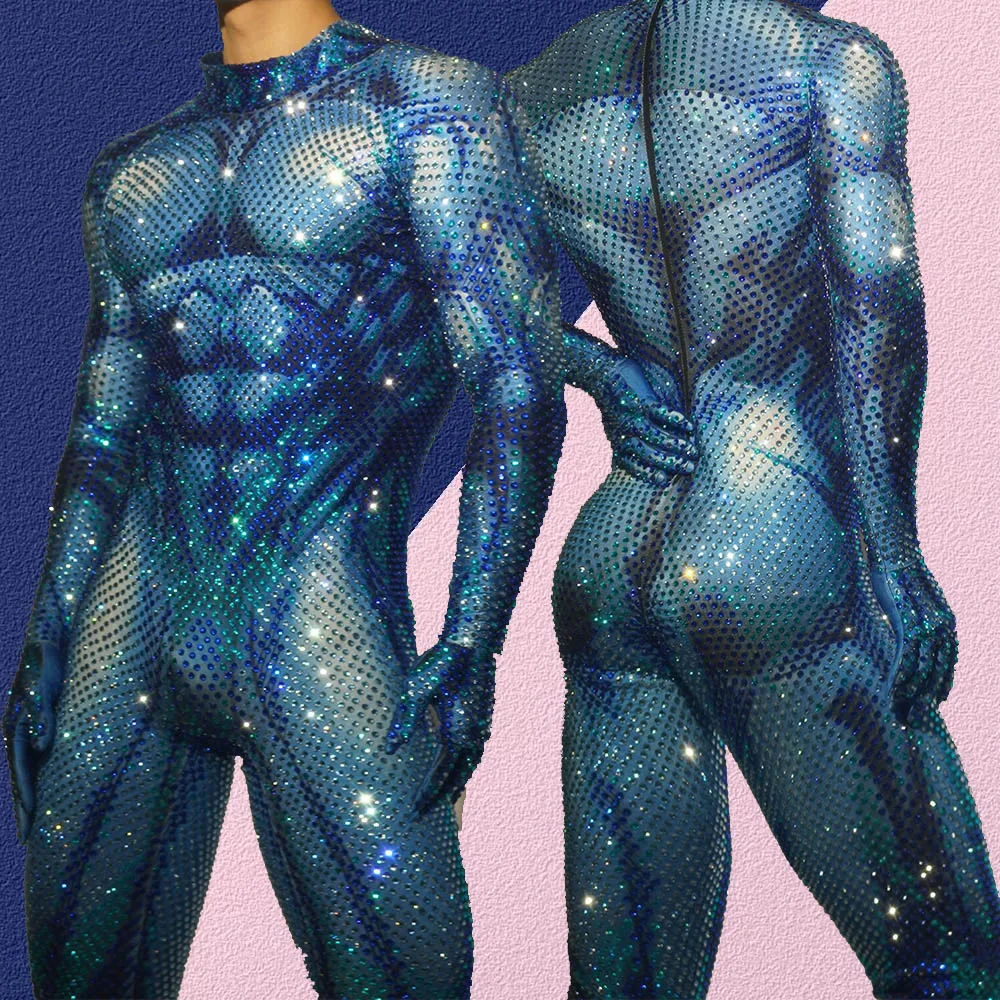 

Male Full Rhinestones Jumpsuit Muscle Bodysuit Birthday Party Rave Outfit Shiny Pole Dance Clothing Gogo Dance Costume