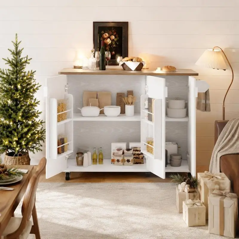Îlot de cuisine mobile avec plateau rabattable, buffet de rangement roulant, étagères réglables, porte-serviettes, porte-épices, finition grain de bois MDF, blanc et noir, pour cuisine, salle à manger, salon, 130x75x92 cm