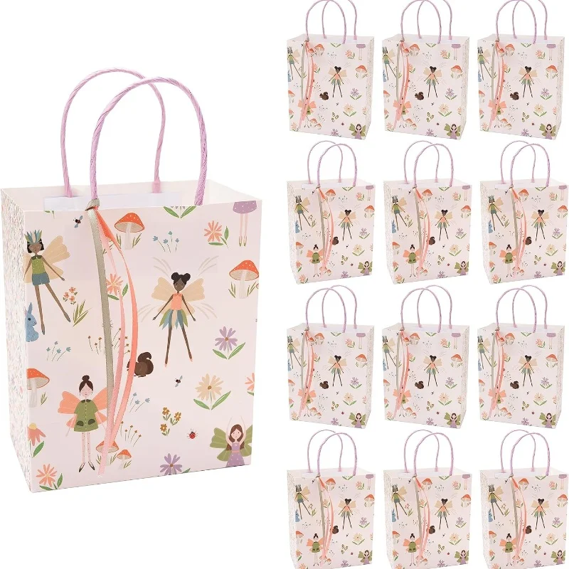 Sacs cadeaux féeriques des bois avec ruban, 8 pièces, décorations pour filles, sac cadeau de fête d'anniversaire, sac à cadeaux pour fête prénatale, boîtes roses