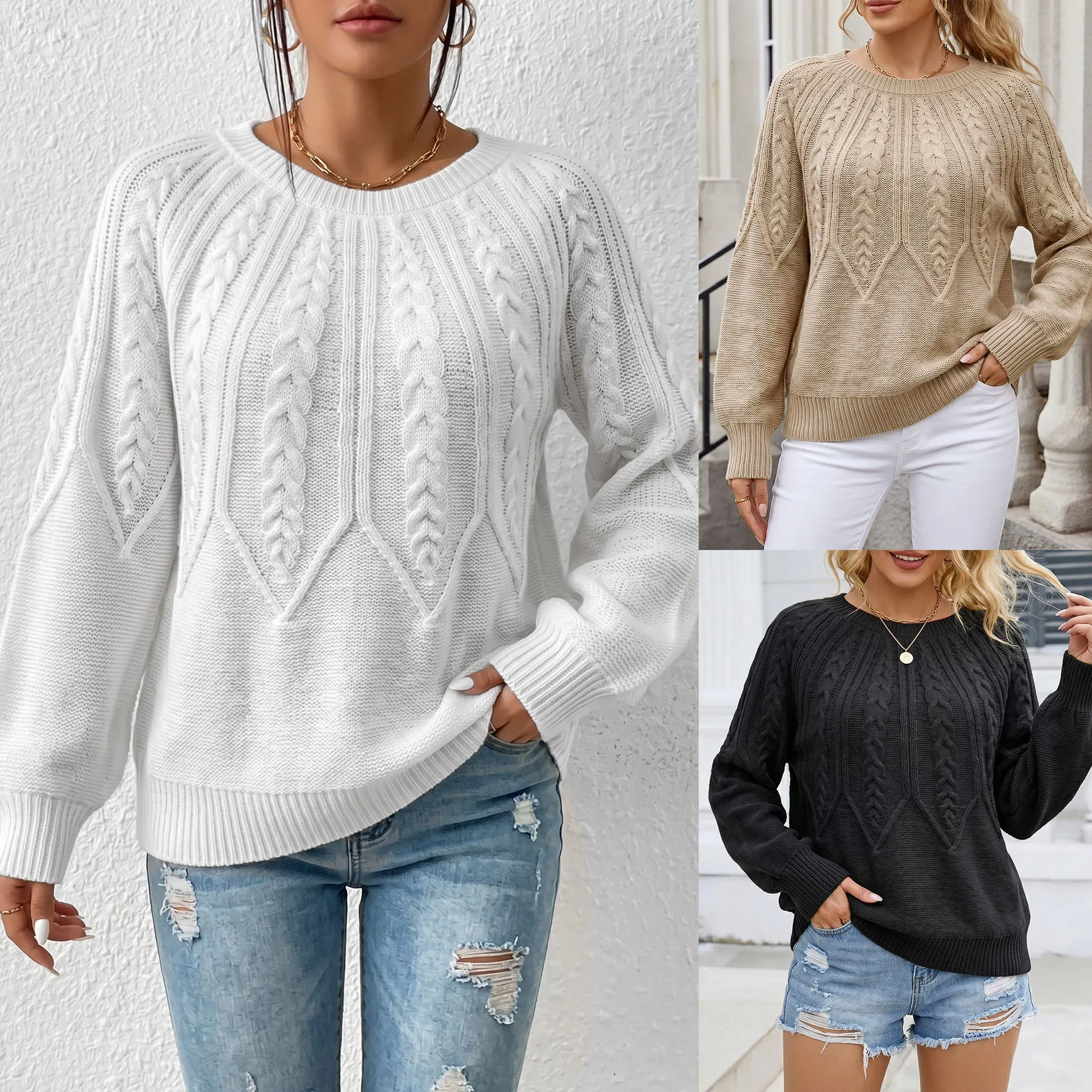 Pullover Round Neck Knitting Sweater Long Sleeve Three-dimensional Fried Dough Twists Solid Color Autumn Winter Knitting Top