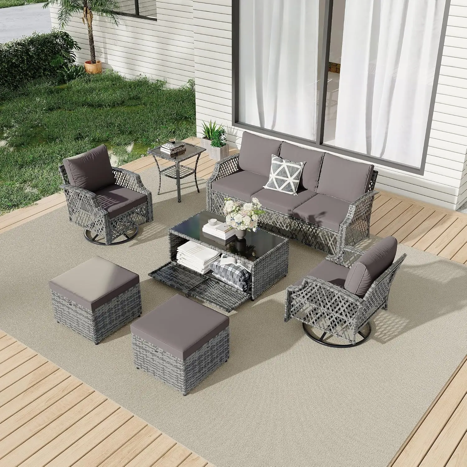 

7 Piece Patio Furniture Set, Wicker Outdoor Conversation Set with Swivel Chairs, 2 Ottomans, Storage Coffee Table, Rattan