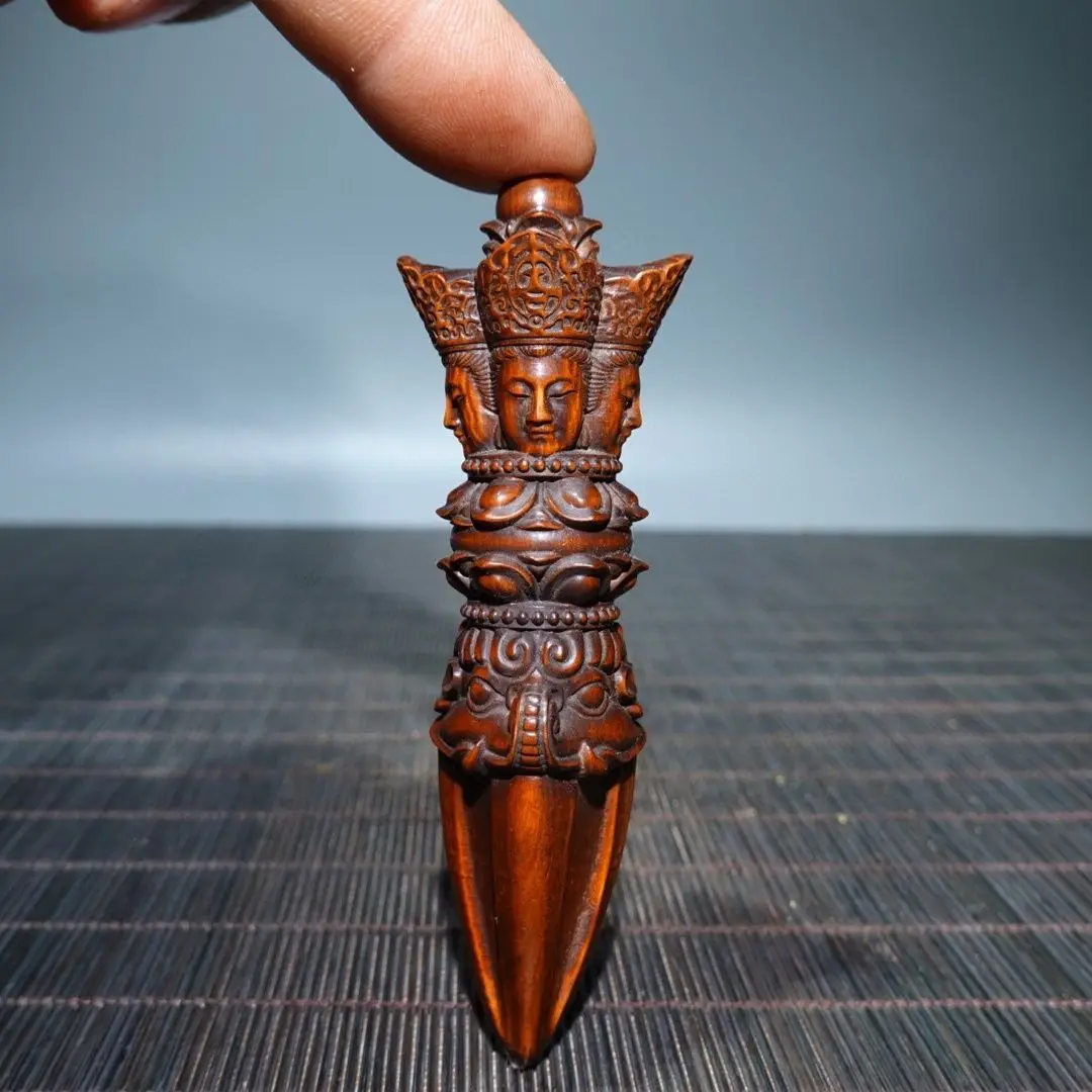 Hand Carved Wood Buddhist Vajra Pestle Statue Figurine Desktop Ornaments Home Decoration Crafts Tea Pet Decor