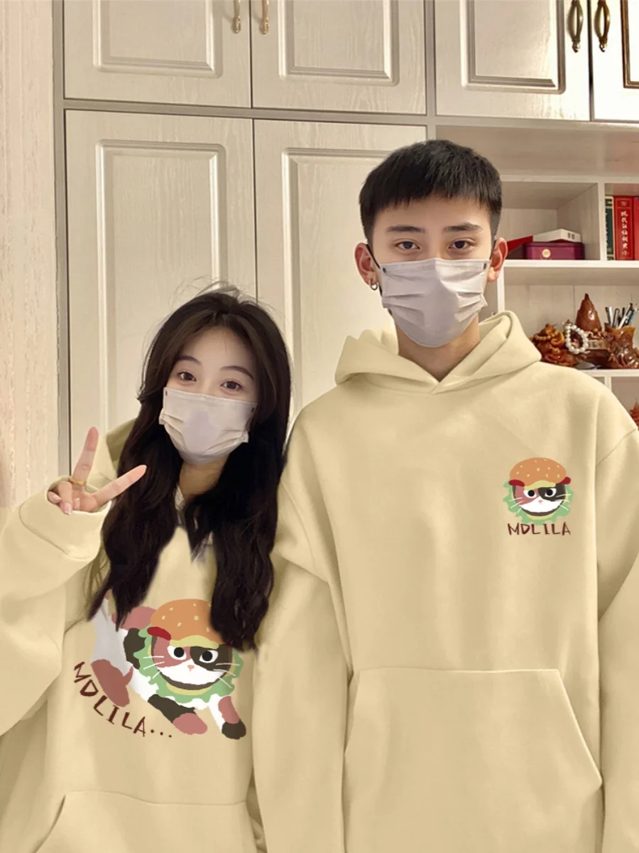 

Fun Burger Cat Cartoon Pattern Couple Clothes 2024 New High-quality Casual Hoodies