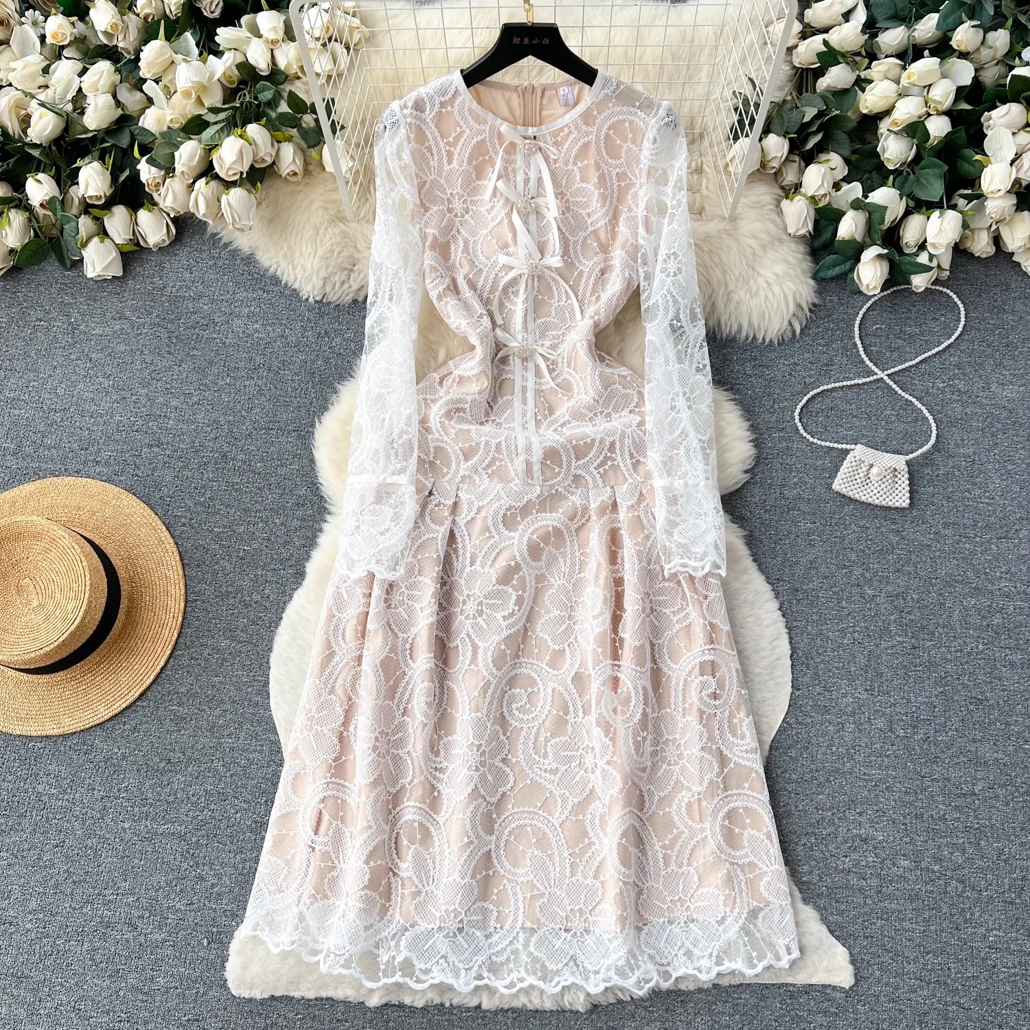 

Beige Lace Dress for Women Bow Long Sleeve Elegant Bodycon Streetwear Holiday Party Hollow Out Womens Clothing Luxury