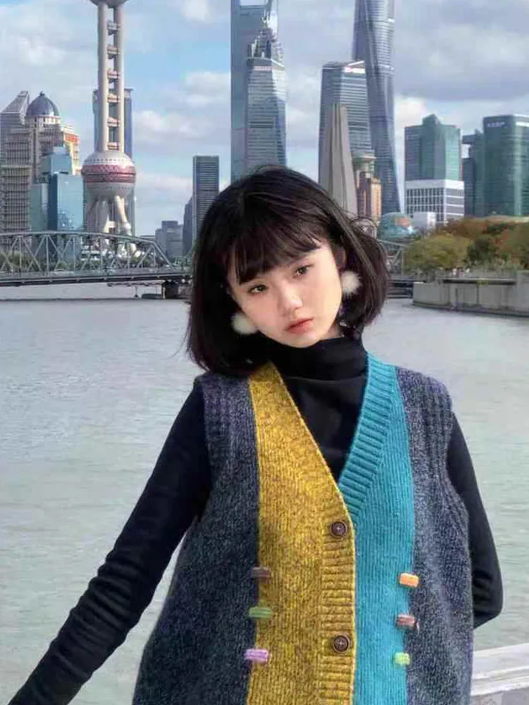 Casual College Style V-Neck Color Block Knitted Vest Women Spring Autumn New Design Sensation Layering Sleeveless Sweater Trend