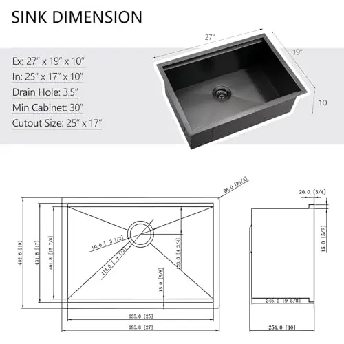 

27 Inch Black Stainless Steel Undermount Single Bowl Kitchen Sink 16 Gauge With Workstation Accessories