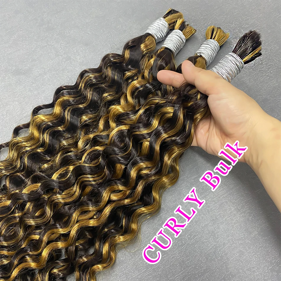 2/9 Highlight Curly Wave Bulk Human Hair for Braiding No Weft 16-30inchs 50g Micro Braiding Hair for Boho Braids Wet and Wave