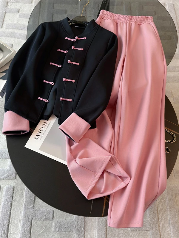 

Fashionable Chinese Style Set Women's Autumn Season Long Sleeve Open Cardigan Wide Leg Pants Two Piece Set Vintage Trendy